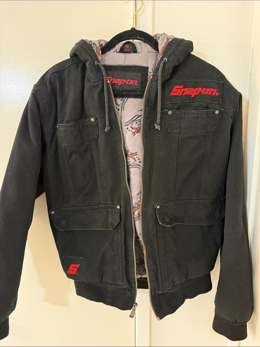 Snap Black Hooded Bomber Jacket with Red Logos